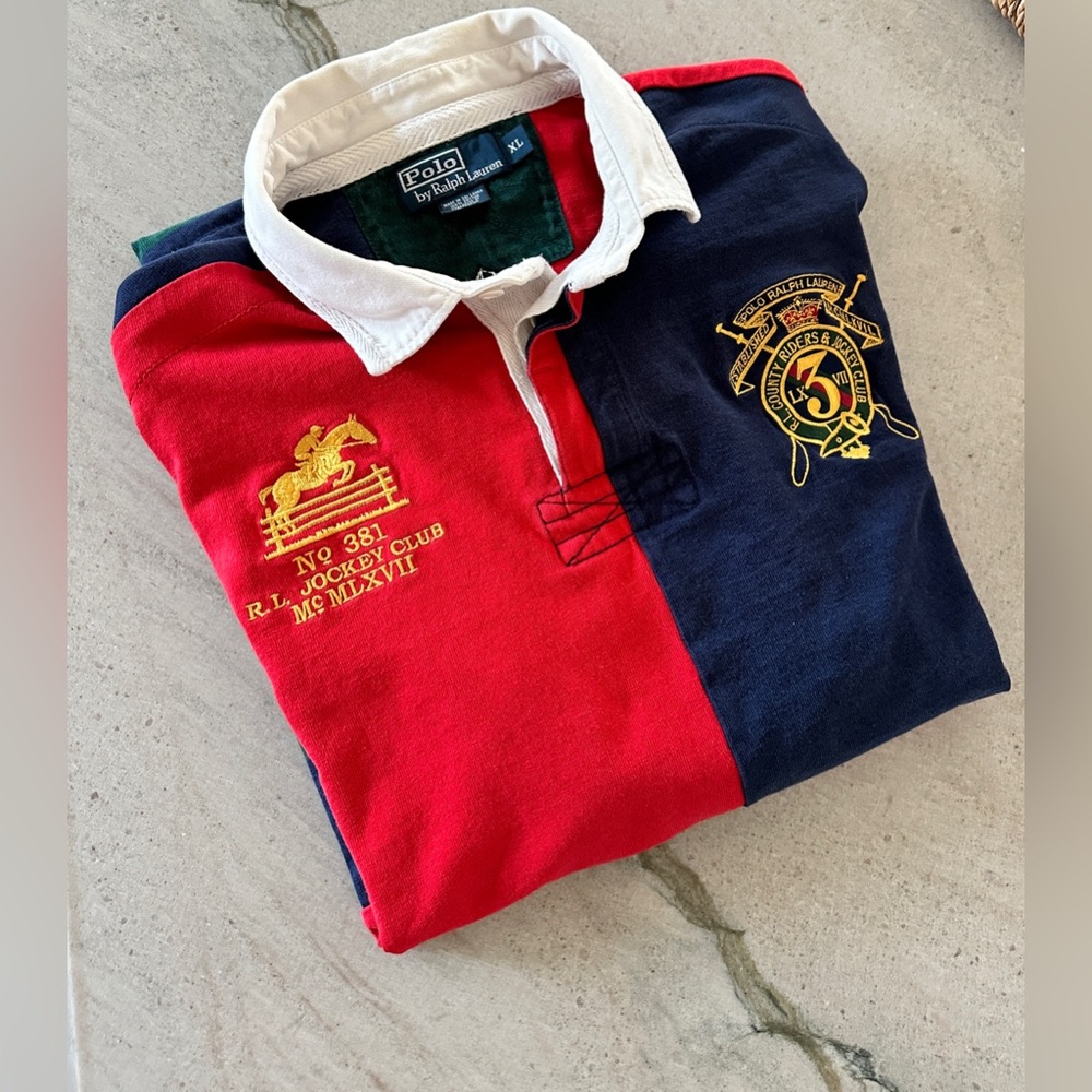 SOLD VTG Polo Ralph Lauren Big Crest Jockey RL Colorblock Rugby Long Sleeve  XL